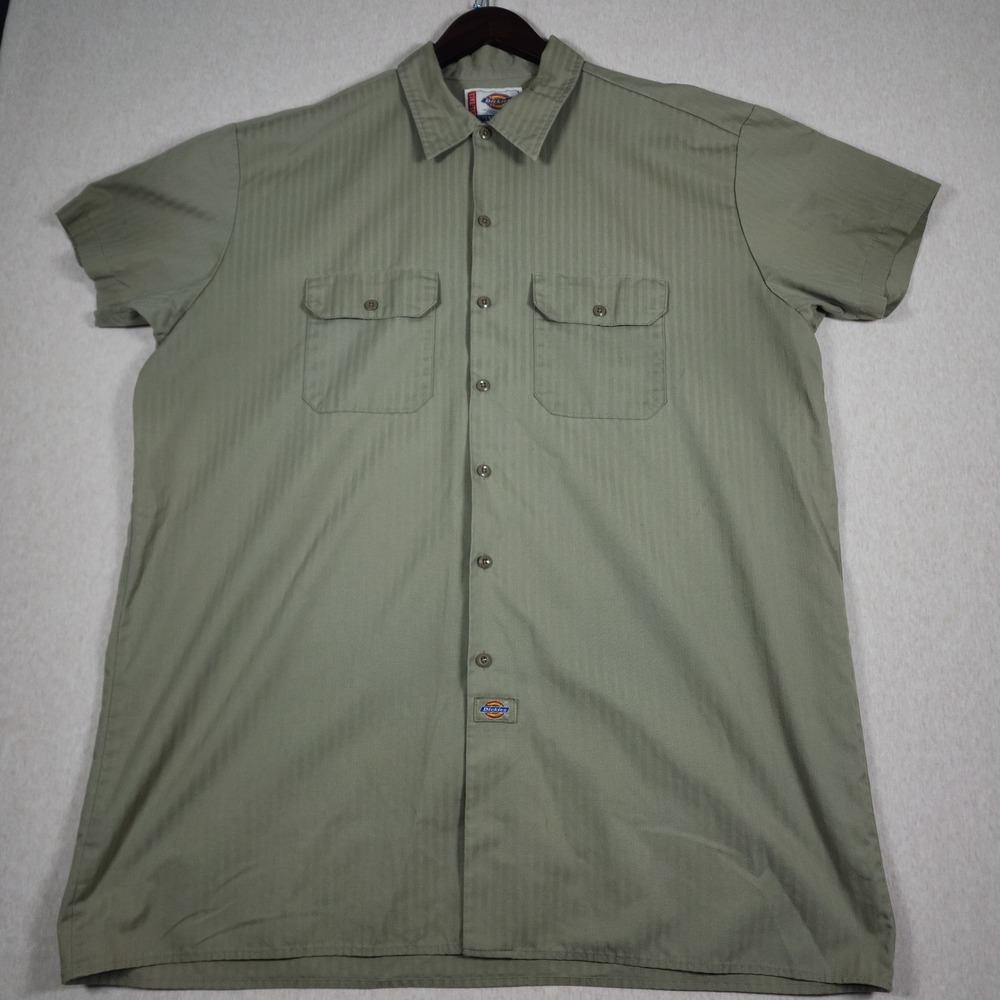 Dickies Short Sleeve Pinstripe Work Mens 2XL Tall Olive Green Pocket Button Up